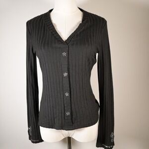 Black Ribbed Knit L V-Neck Cardigan Rhinestone Cuffs Whimsygoth 90s